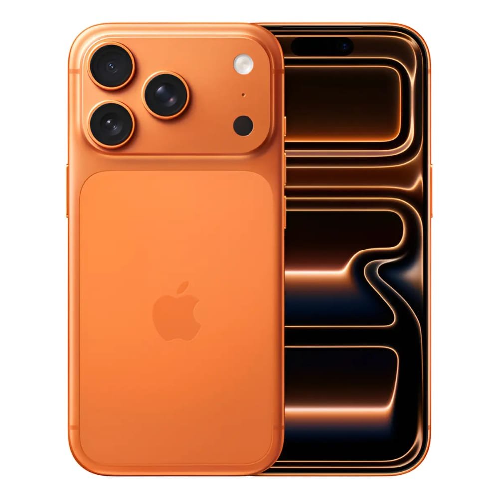 iPhone 17 Pro na cor laranja, mostrando a traseira com sistema de três câmeras e logo da Apple e a tela frontal com efeito de reflexo, disponível de 128GB a 1TB lacrado na loja física em Itajaí.