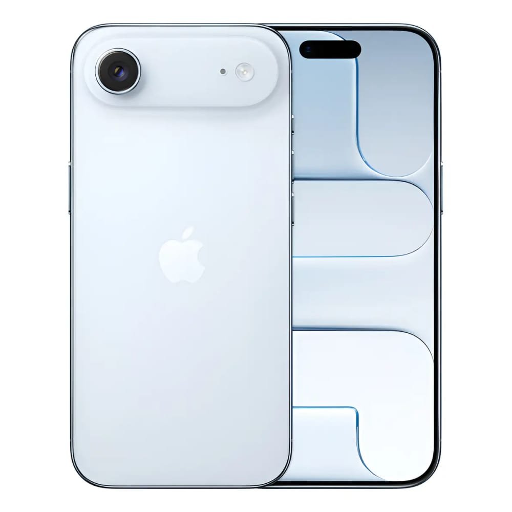 Vista frontal e traseira de iPhone na cor azul claro, mostrando câmera única na parte superior traseira com logo Apple centralizado e tela frontal com notch em formato de pílula.