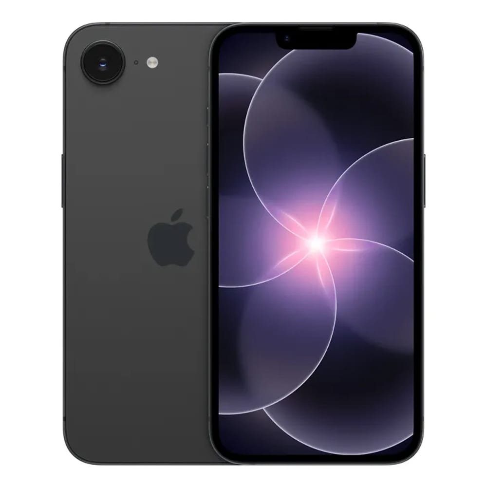 iPhone 17e na cor preta, vista frontal e traseira, com câmera única e logo da Apple, tela exibindo papel de parede floral roxo e rosa iluminado.