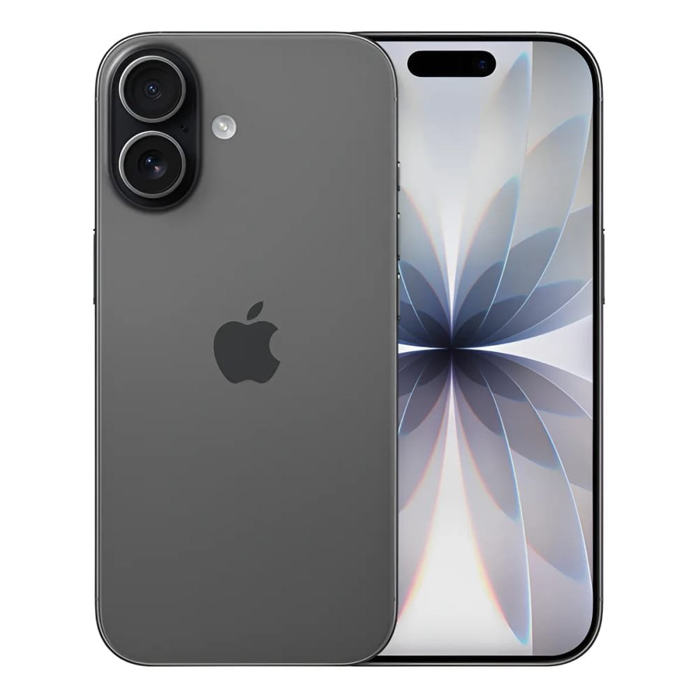 iPhone na cor cinza espacial mostrando a traseira com câmera dupla e a tela frontal com papel de parede floral, disponível em 256GB e 512GB lacrado na loja física em Itajaí.