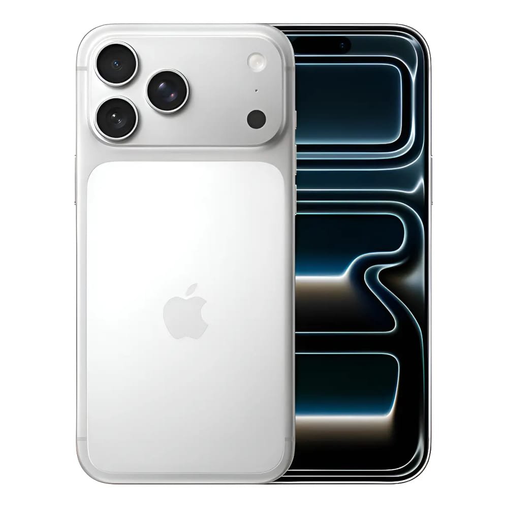 iPhone lacrado na cor branca, mostrando a traseira com câmera tripla e logo da Apple e a tela frontal com fundo abstrato azul e dourado, disponível em Itajaí.