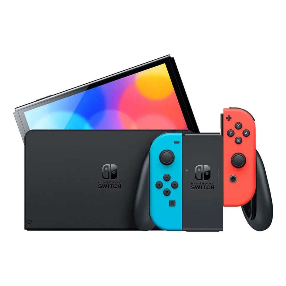 Console Nintendo Switch OLED com dock preto e Joy-Con azul neon e vermelho neon, vista frontal em ângulo mostrando a tela colorida e os controles laterais.