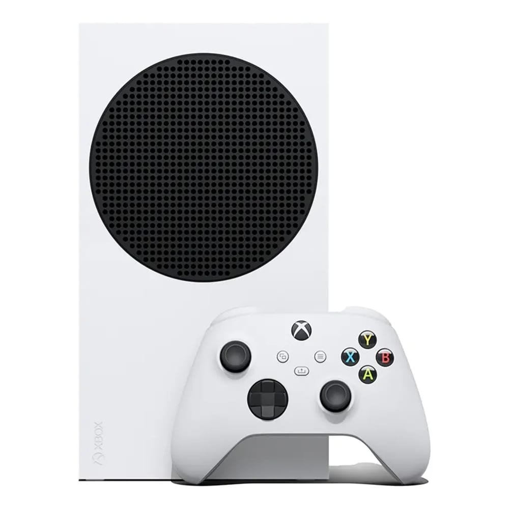 Console Xbox Series S branco de 512GB visto de frente ao lado do controle sem fio branco, disponível na loja do Centro de Itajaí.