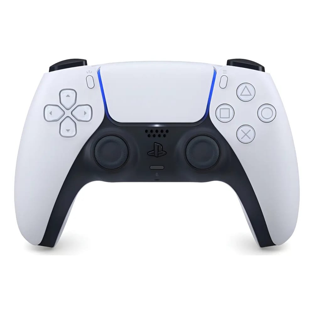 Controle PS5 DualSense original Sony na cor branca, vista frontal, com joysticks, botões de ação e direcional, disponível para retirada na loja em Itajaí.