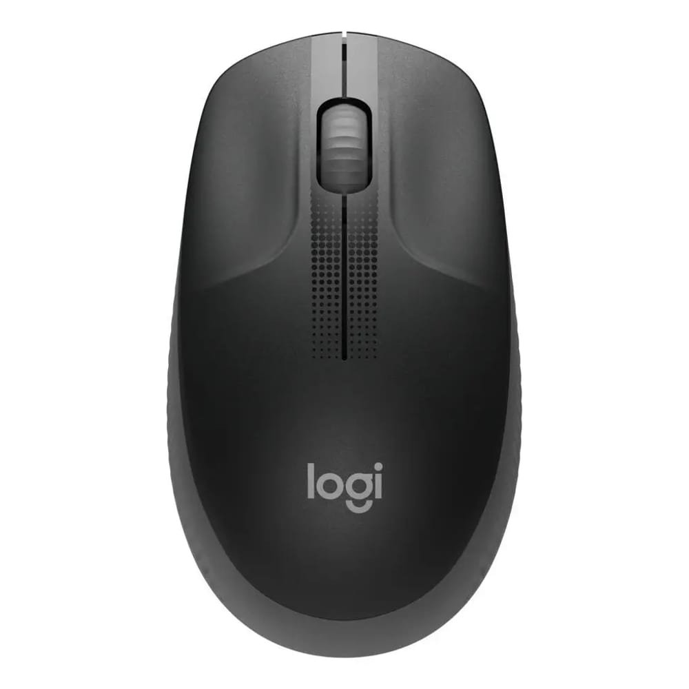 Mouse sem fio Logitech M190 na cor preta, visto de cima, com scroll central e logotipo logi na parte inferior do corpo.