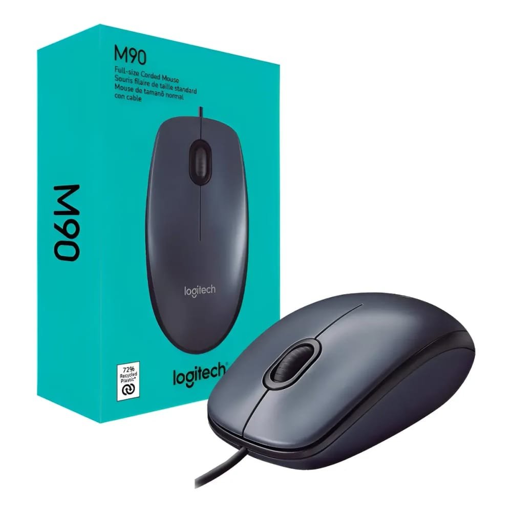 Mouse Logitech M90 preto com fio USB ao lado de sua embalagem original na cor verde-água, disponível em loja física em Itajaí.