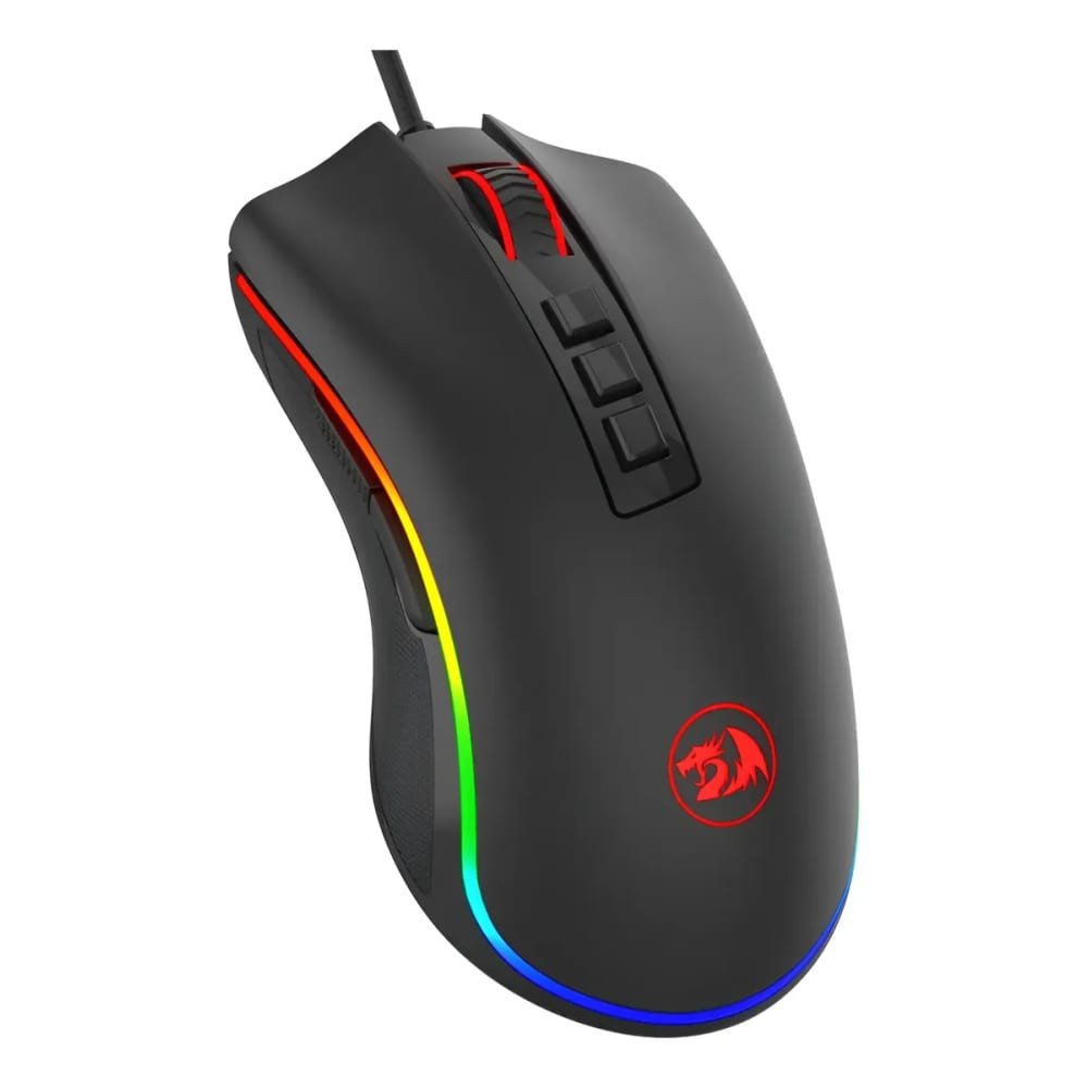 Mouse Gamer Redragon Cobra na cor preta, visto em ângulo lateral, com iluminação RGB nas laterais e logo do dragão vermelho iluminado na parte traseira.