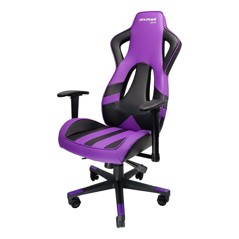 Cadeira gamer Mymax MX11 nas cores preto e violeta, vista em ângulo lateral frontal, com encosto alto estilo bucket, apoios de braço ajustáveis, base giratória com rodízios e alavanca de regulagem de altura.
