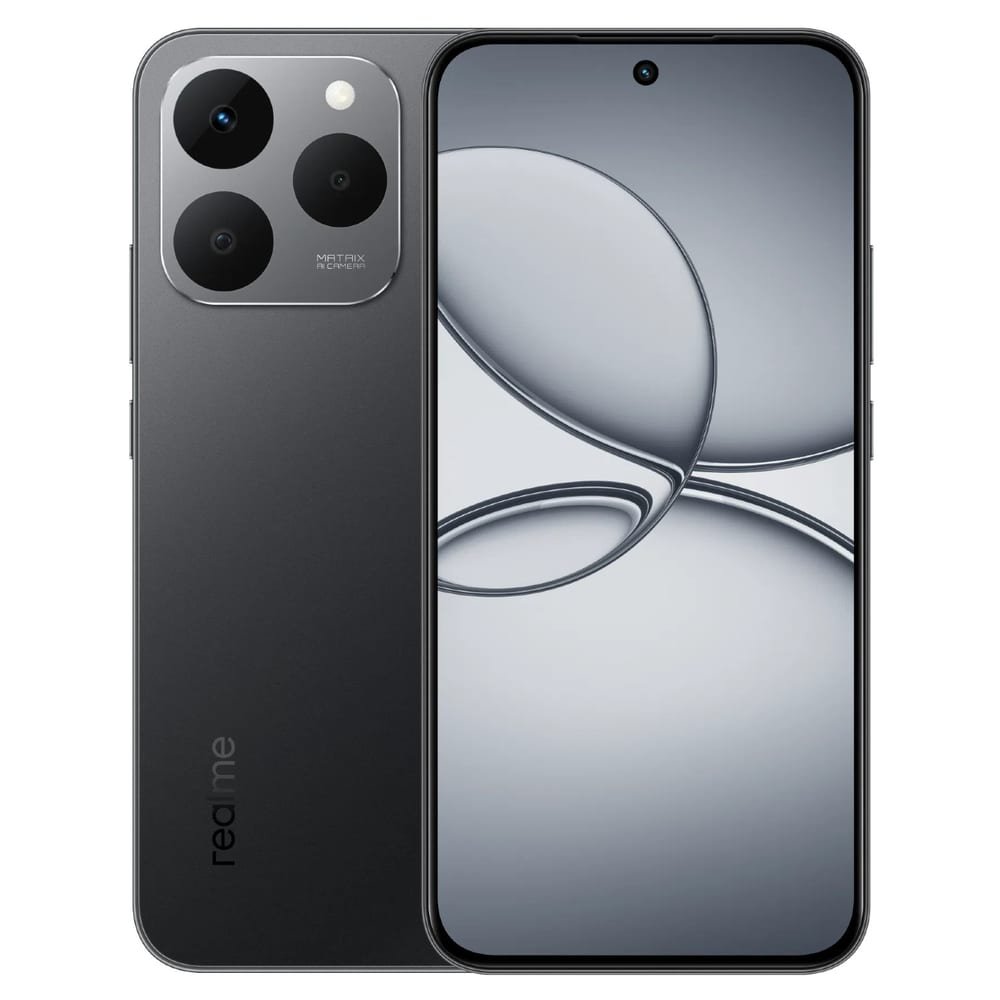 Smartphone Realme C75 5G na cor preta, mostrando a parte frontal com tela exibindo um papel de parede abstrato em tons de cinza e a parte traseira com módulo de câmera tripla quadrado e logotipo realme.