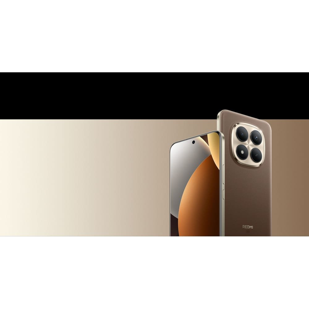 Redmi Note 15 Pro+ 5G na cor marrom, visto de frente e de costas, destacando a tela com fundo laranja e o módulo de câmera quádrupla dourado sobre acabamento em couro.