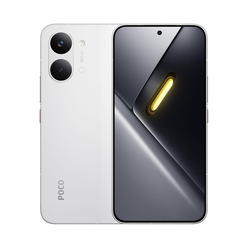 Smartphone POCO X8 Pro Max 5G na cor branca, visto pela frente e pelo verso, com câmera dupla traseira e tela frontal exibindo notificação luminosa amarela.