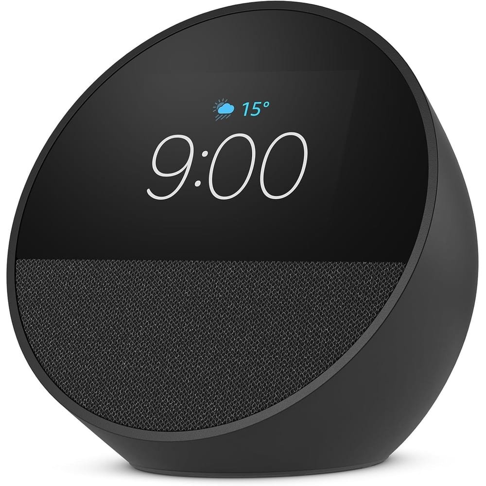 Echo Spot com Alexa na cor preta, visto em ângulo lateral, exibindo no visor o horário 9:00, ícone de nuvem com sol e temperatura de 15 graus, com alto-falante em tela de tecido na parte inferior.