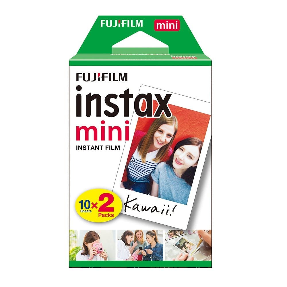 Caixa branca e verde do Filme Instax Mini Fujifilm, pacote com 20 fotos (10x2), vista frontal mostrando uma foto instantânea de duas mulheres sorrindo com a inscrição Kawaii e três imagens menores na parte inferior ilustrando o uso da câmera instantânea.