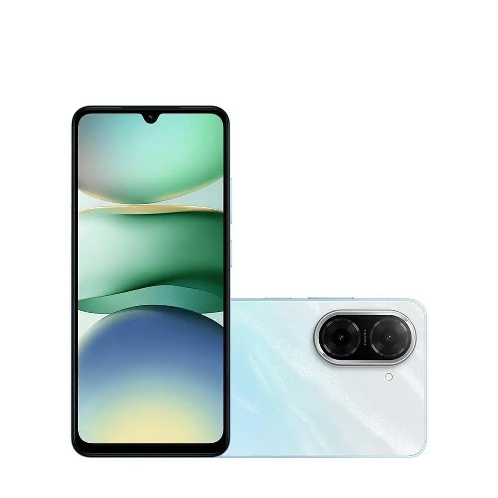 Smartphone Redmi A5 128GB na cor azul, exibindo a tela frontal com gota para câmera e wallpaper em tons de verde e azul, ao lado da vista traseira com câmera dupla circular, disponível na loja física em Itajaí.