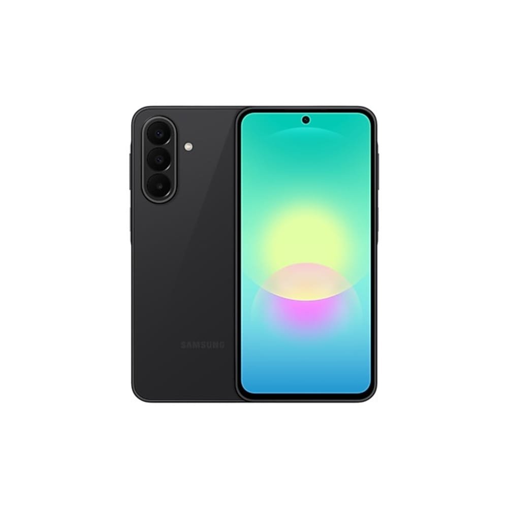 Smartphone Samsung Galaxy A27 5G na cor preta, mostrando a tela frontal com fundo gradiente colorido e a traseira com câmera tripla, disponível com 256GB lacrado na loja física em Itajaí.