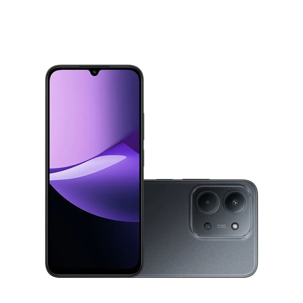 Smartphone Redmi 15C na cor preta, lacrado, mostrando a tela frontal com fundo roxo gradiente e a parte traseira com câmera dupla de 50MP e flash LED.