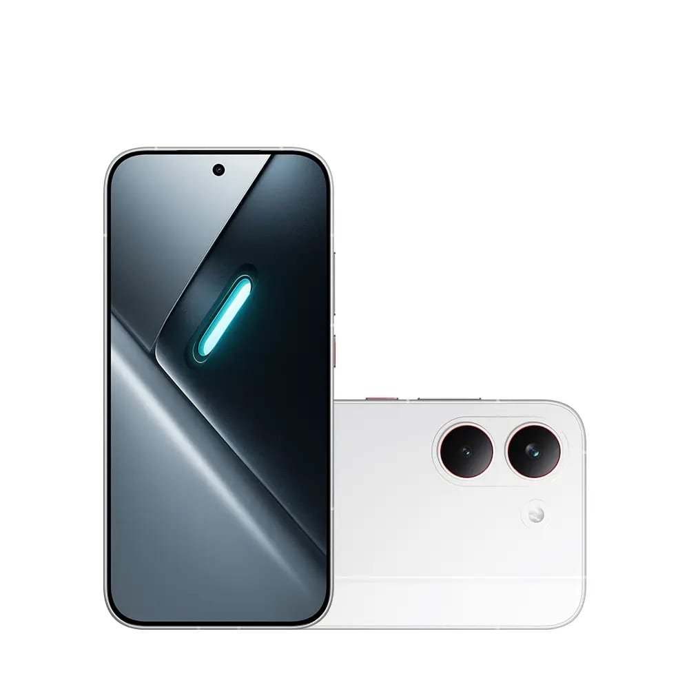POCO X8 Pro 5G na cor branca, lacrado, mostrando a tela frontal com flash em LED azul acesso e a traseira com câmera dupla, disponível na loja física de Itajaí.